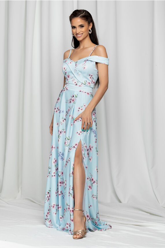 Rochie de botez bleu lunga cu imprimeu floral Ariana rafinata