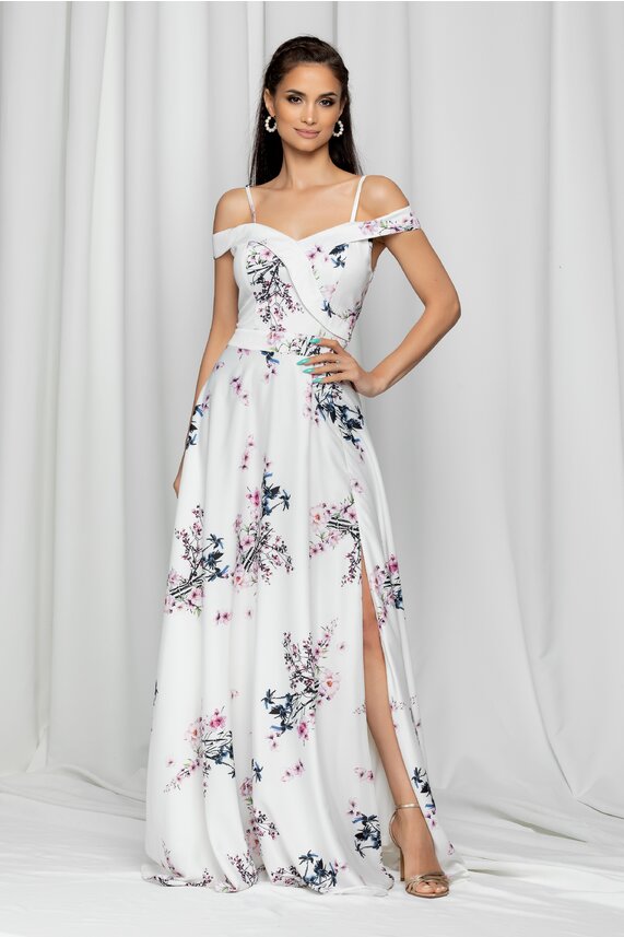 Rochie de nunta alba lunga cu imprimeu floral si design pe umeri Ariana moderna