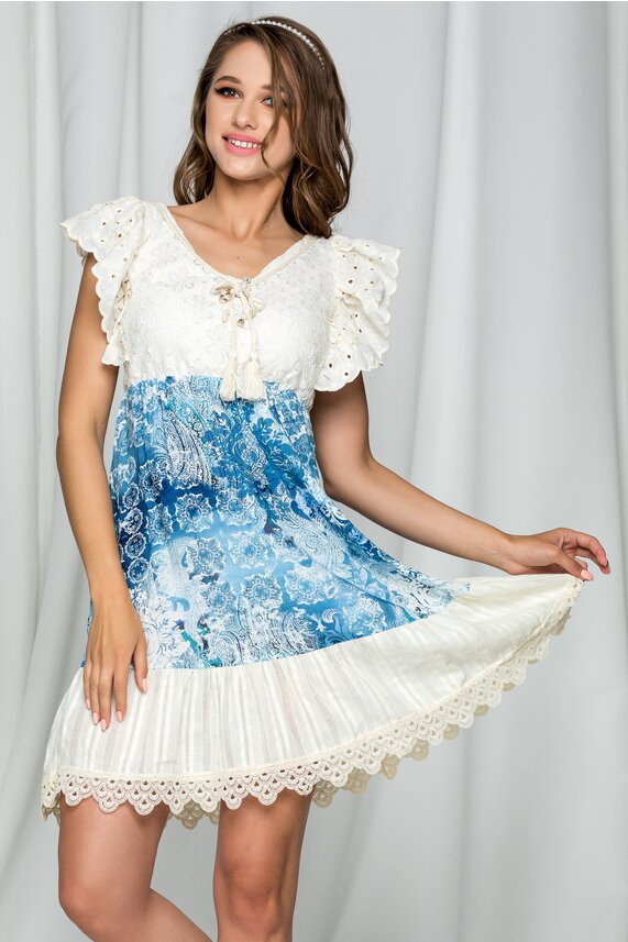 Rochie de nunta scurta  bej cu imprimeu albastru Samira din vascoza