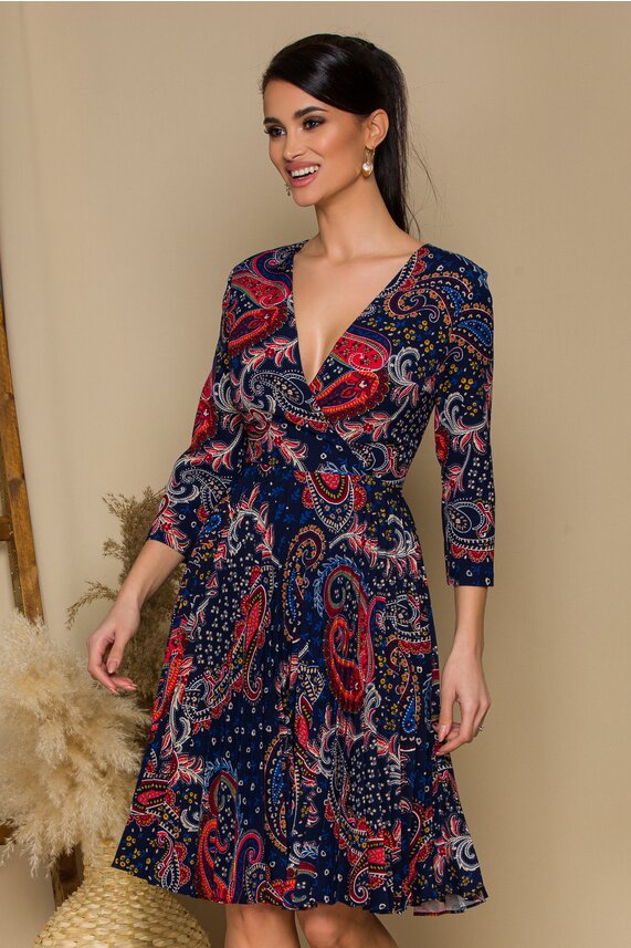 Rochie de ocazie bleumarin cu imprimeu floral multicolor si pliuri pe fusta Atena moderna