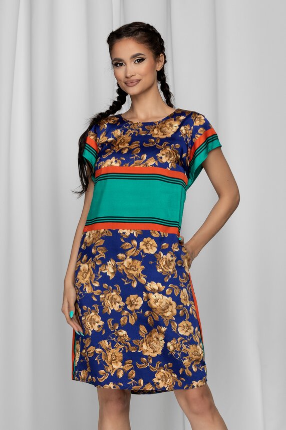 Rochie de ocazie bleumarin cu imprimeu floral si dungi Moze de satin