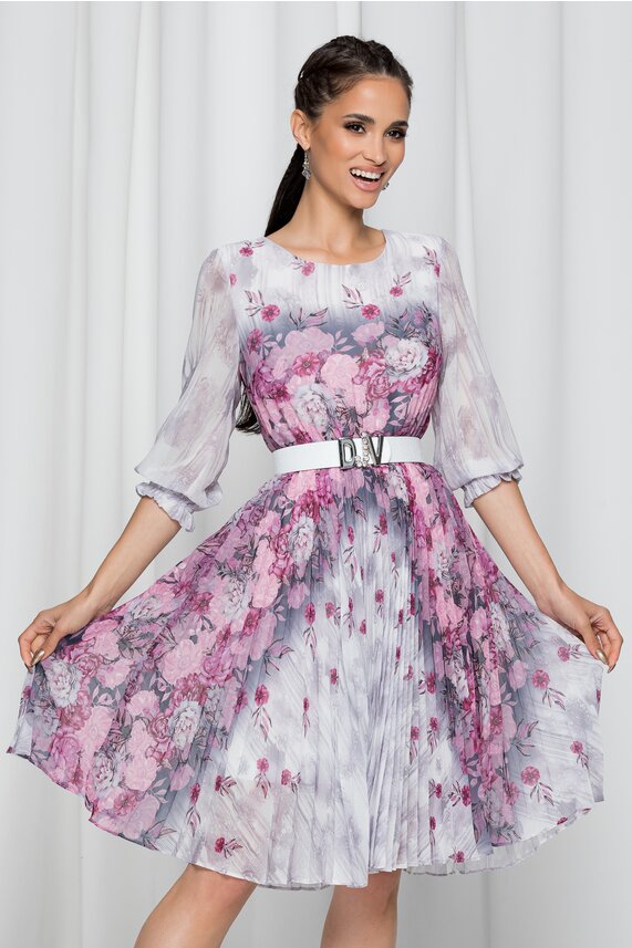 Rochie de ocazie gri cu imprimeu floral si pliuri pe fusta Jolanda din vascoza