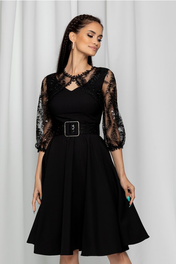 Rochie de ocazie neagra accesorizata cu tulle si broderie Irma din vascoza