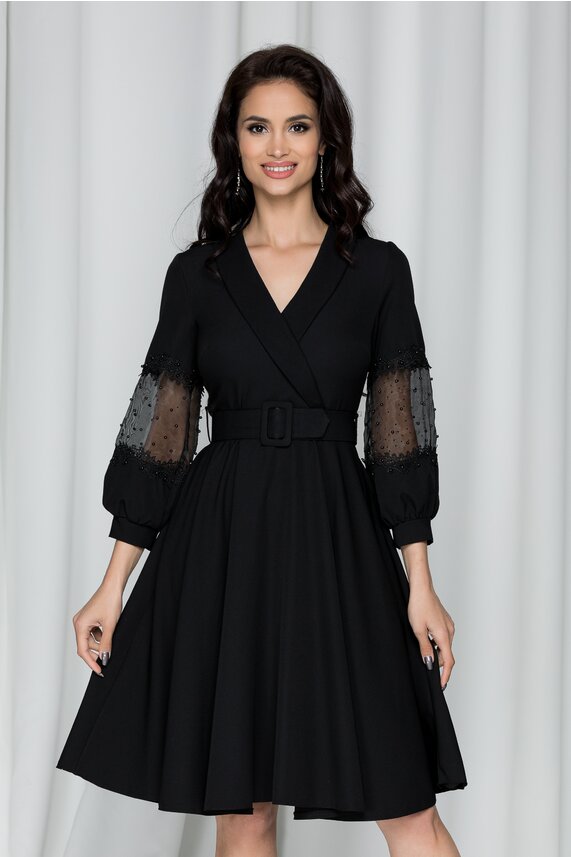 Rochie de ocazie neagra cu maneci lungi accesorizate cu margele si strasuri Renata din vascoza