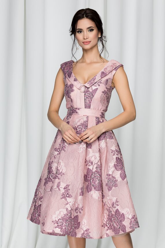 Rochie de ocazie roz din jacard cu imprimeu floral 3D Clarisa de jacard