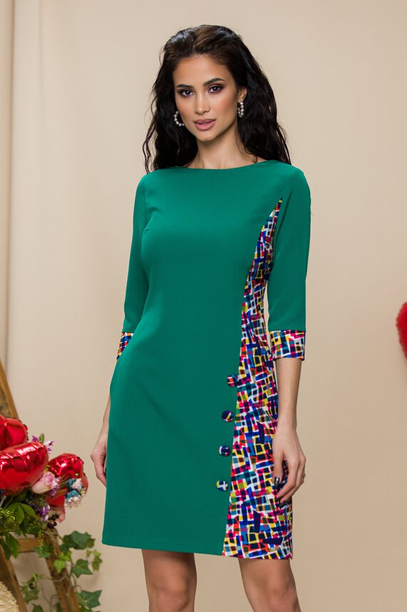 Rochie de ocazie verde cu imprimeu multicolor lateral MBG eleganta