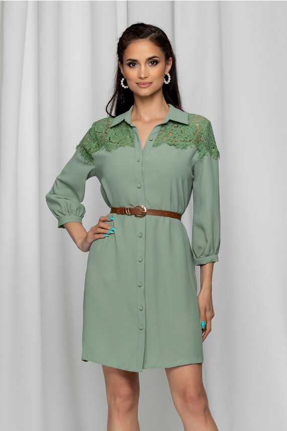 Rochie de primavara verde mint tip camasa accesorizata cu dantela din voal Iustina