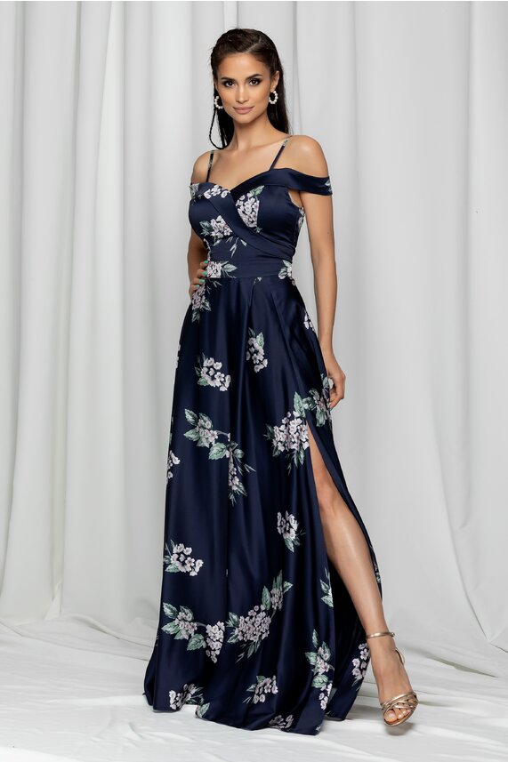Rochie de seara bleumarin lunga cu imprimeu floral Ariana deosebita