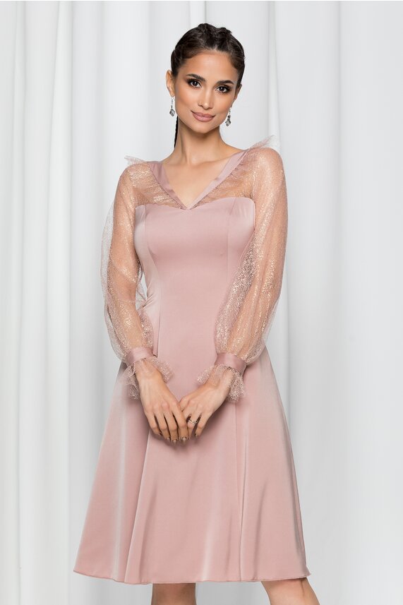 Rochie de seara roz prafuit cu aplicatii din fir de lurex Leonard Collection din vascoza