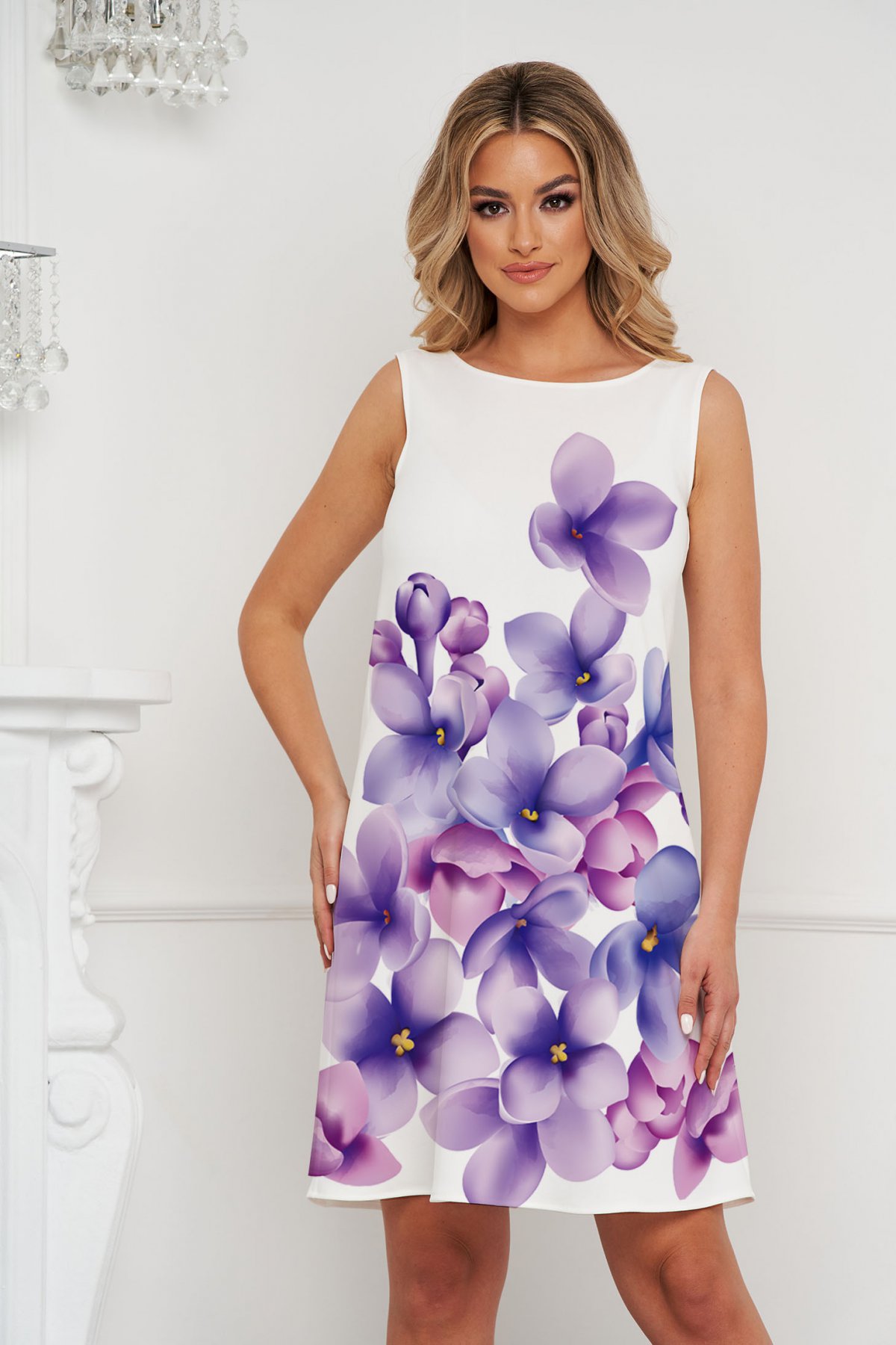 Rochie de seara scurta larga din material elastic cu imprimeuri florale unice 