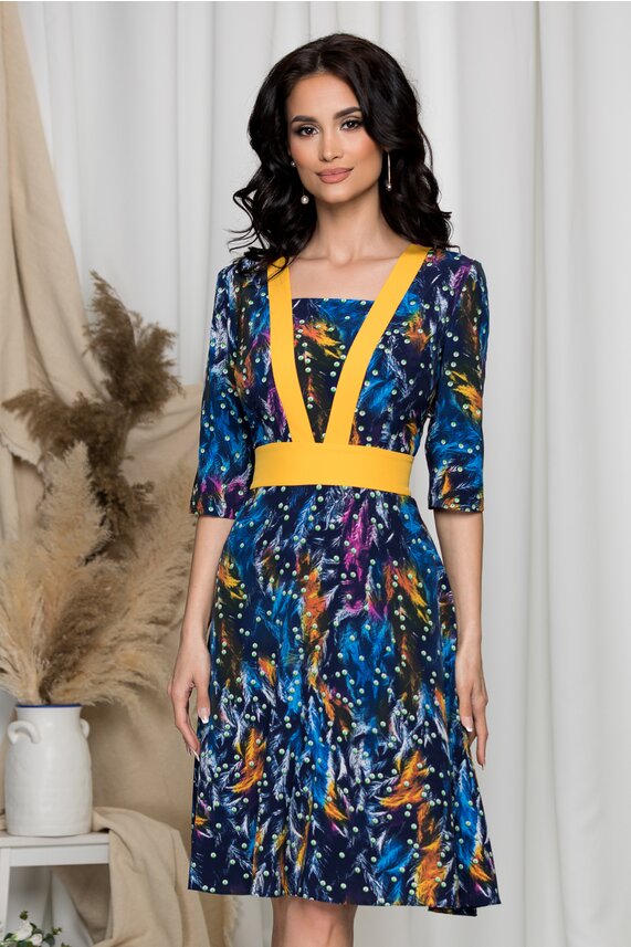 Rochie de toamna bleumarin cu imprimeuri diverse Ella Collection Luna din voal
