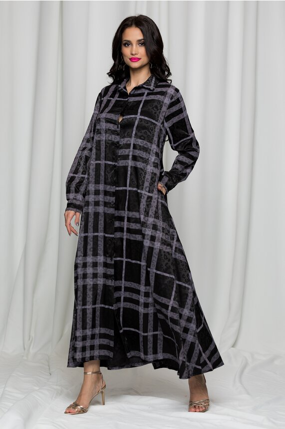 Rochie de toamna tip camasa neagra cu imprimeu animal print si carouri Sofia deosebita