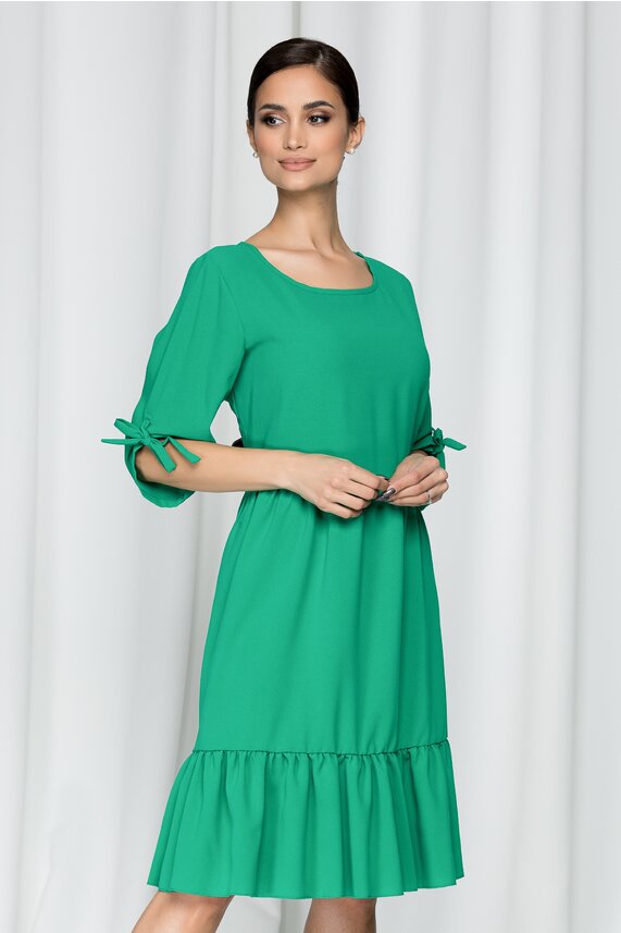 Rochie de toamna verde cu maneci trei sferturi reglabile si decolteu rotund Calista din vascoza