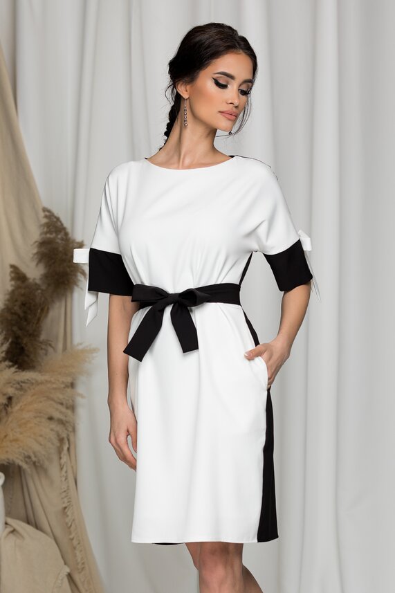 Rochie de zi alb si negru cu fundite la maneci feminina Ella Collection Demi