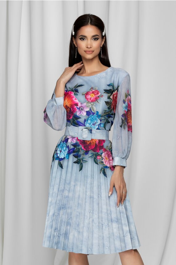 Rochie de zi bleu cu fusta plisata si imprimeuri florale  Ana