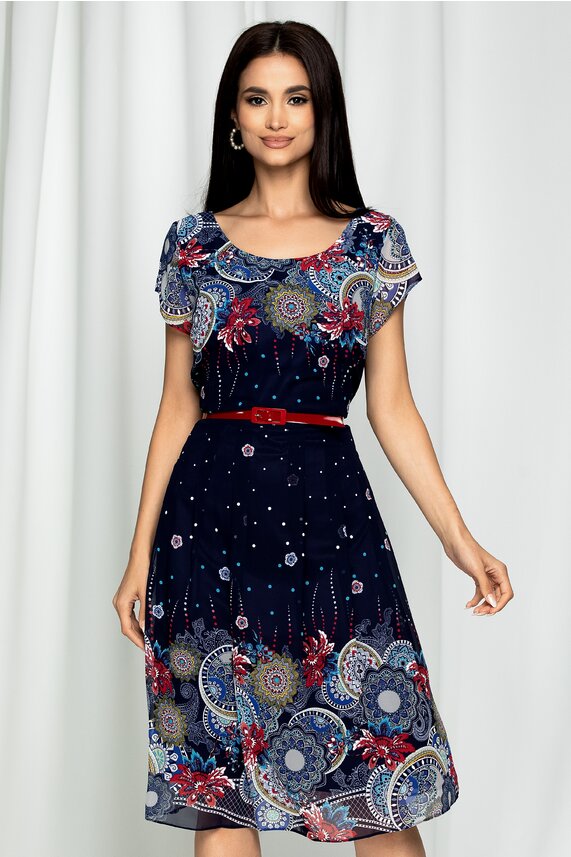 Rochie de zi bleumarin cu imprimeu mandala din voal Esmeralda
