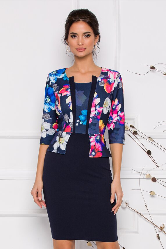 Rochie de zi bleumarin imprimeu floral multicolor eleganta Anisia
