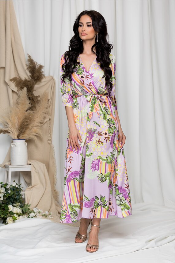 Rochie de zi lila cu imprimeu exotic stilata Vivi