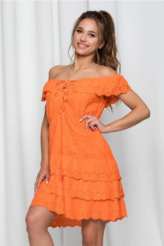 Rochie de zi portocalie cu model ajurat si volanase din dantela Ilona