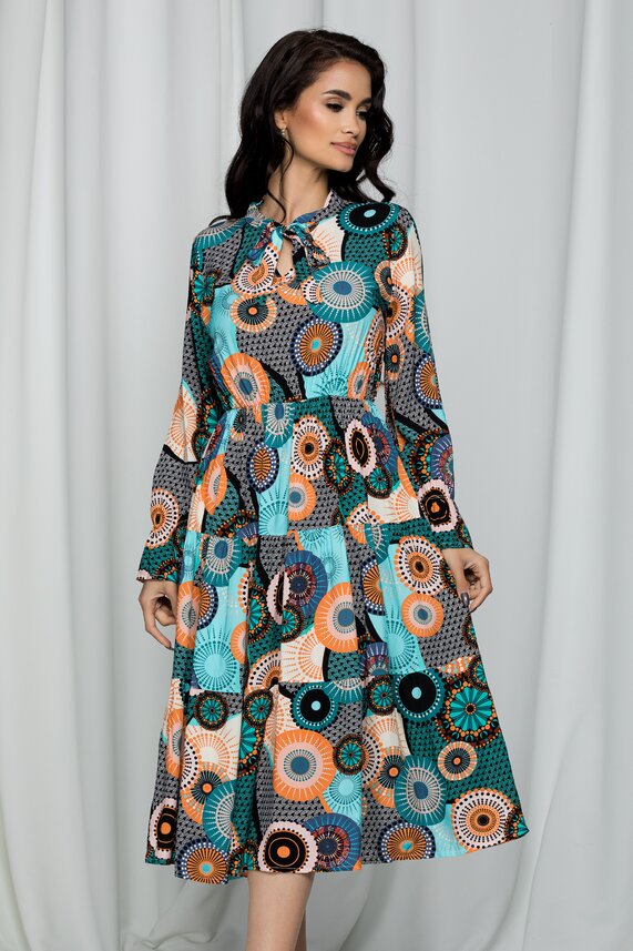 Rochie de zi turcoaz cu imprimeu mandala din vascoza Ella